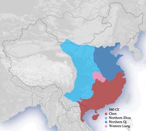 560年南北朝后期疆域图，红色为南朝陈